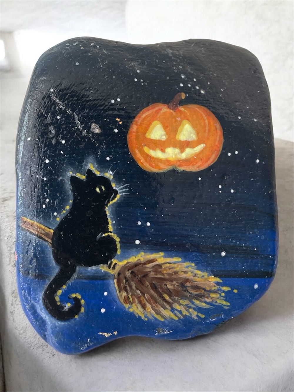 Hand Painted Black Cat Witch Broom Pumpkin Rock Halloween Spooky Decor OOAK